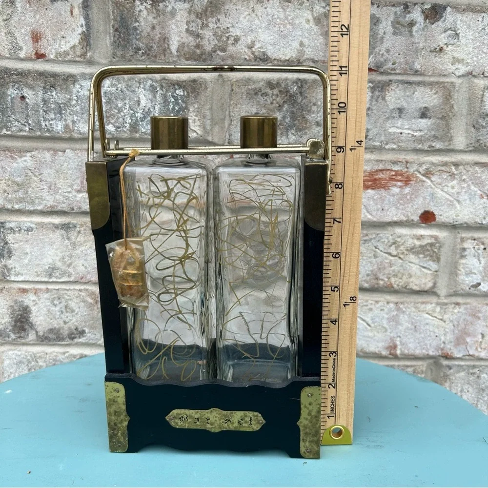 Vintage Mid Century English Bar Set Wood Brass Glass Bottles